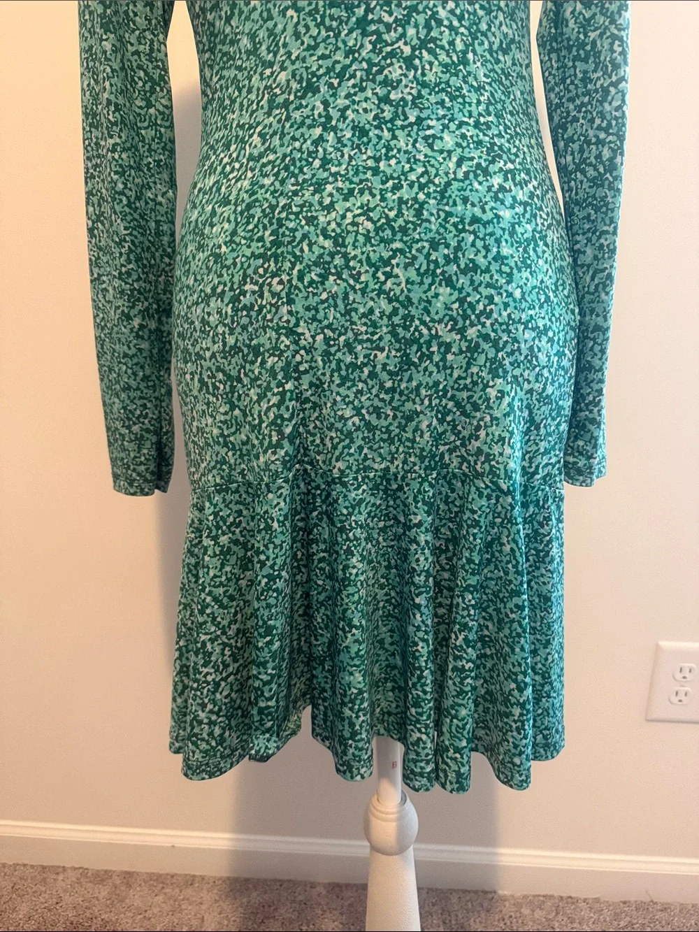 Michael Kors Green Printed Long-Sleeve Ruffle-Hem Dress